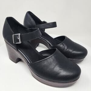 B.O.C Born Gia Mary Jane Wood Clog Women 11M Black ankle Strap Perforated Vamp